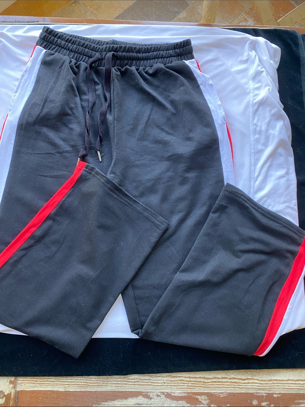 Womens Black Track Pants with Red & White Side Stripes